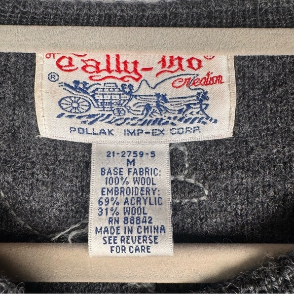 Tally Ho Cardigan Sweater Vintage 70s 80s Gray 100% Wool Embroidered Size M - Picture 5 of 7